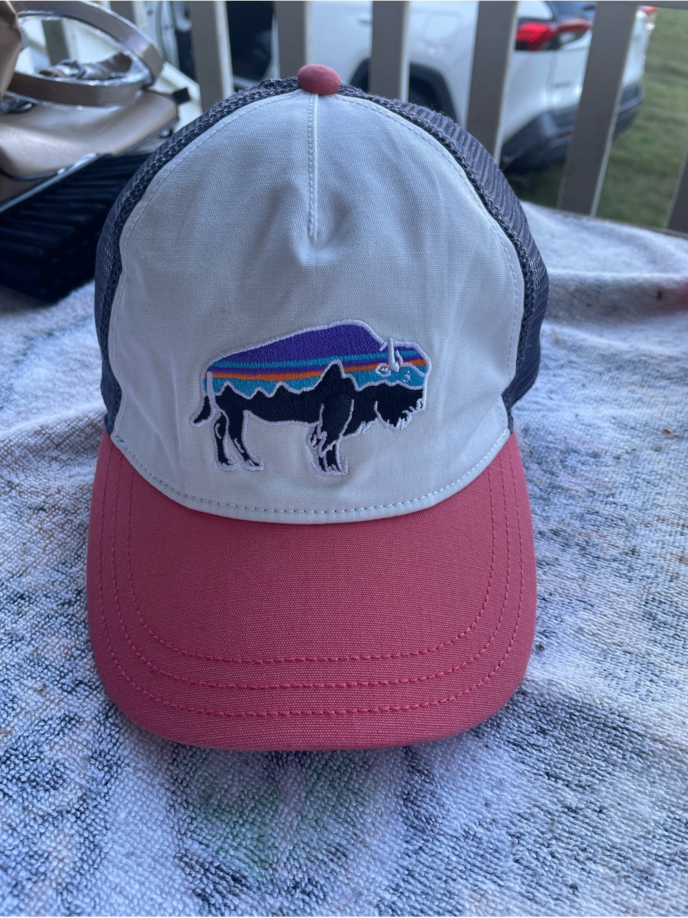 Patagonia Pink-Brim Trucker Hat with Multicolor Buffalo Patch